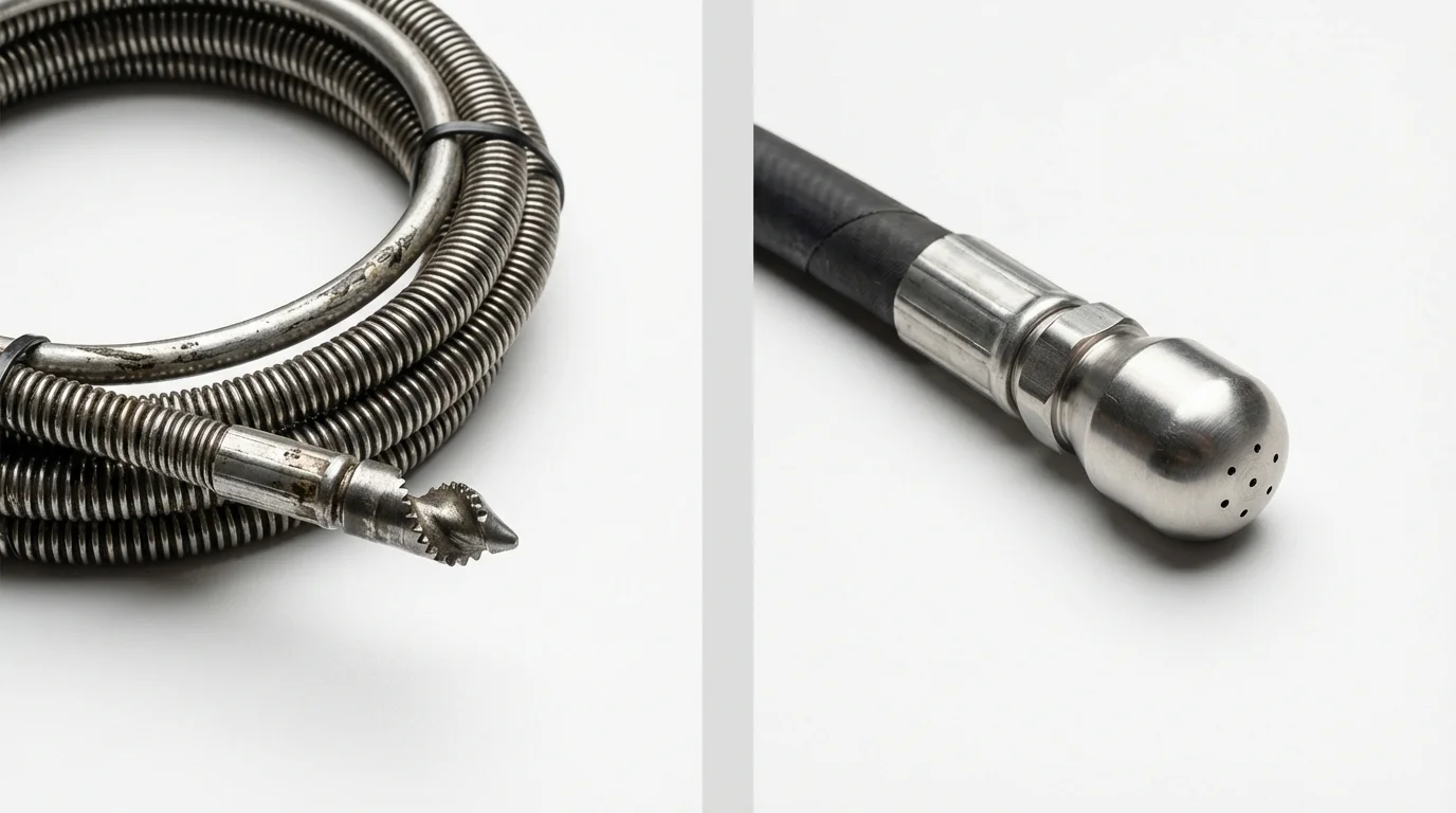Drain snake cable and hydro jetting nozzle used for drain cleaning in Trumbull, CT