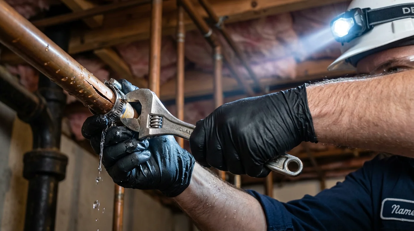 Emergency pipe clamp repair being performed by a Johns Plumbing LLC plumber in Trumbull