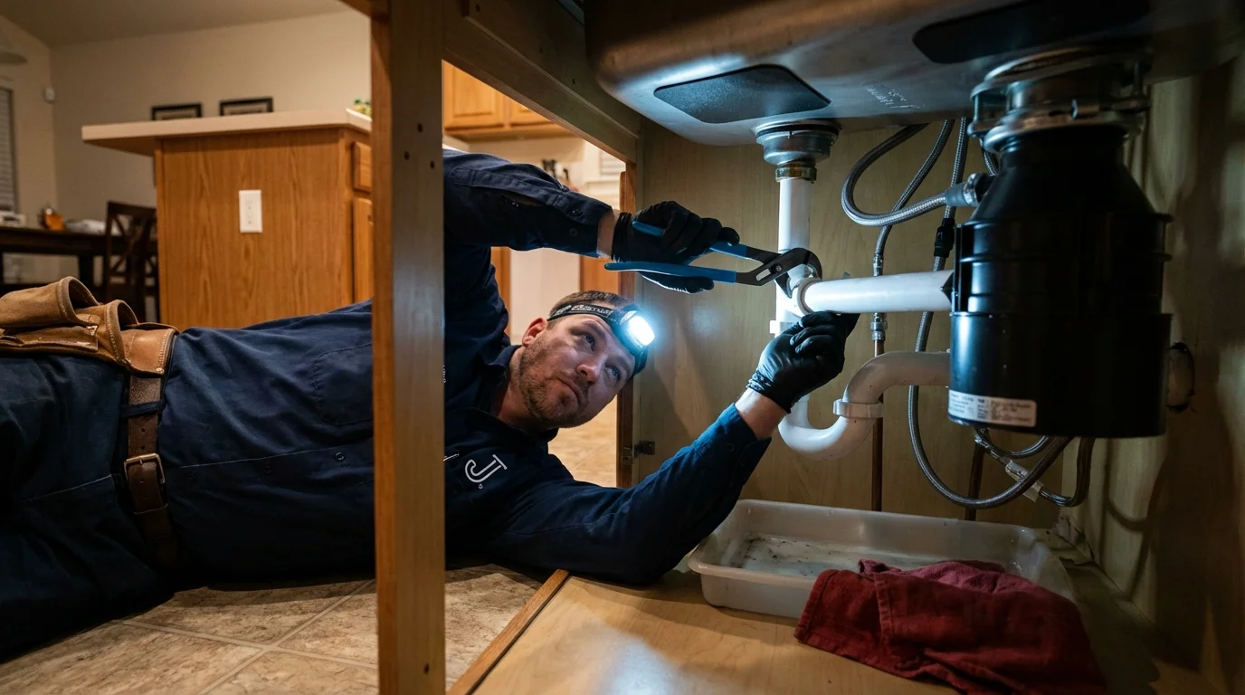 P-trap and supply line connections under a kitchen sink showing a common leak point in Trumbull, CT